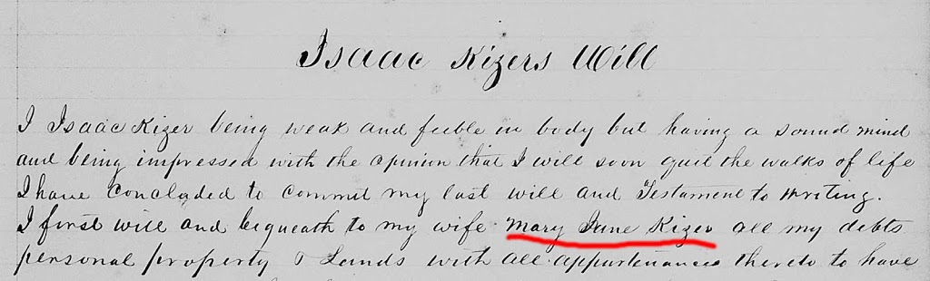 In Search of Isaac Kizer: A Virtual Research Trip 4 A portion of Isaac Kizer's will from FamilySearch.