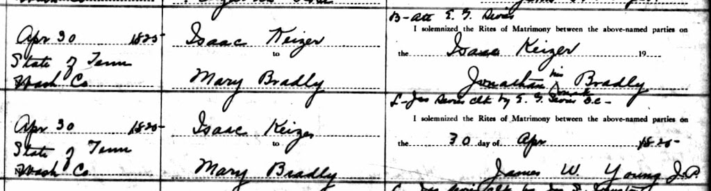 In Search of Isaac Kizer: A Virtual Research Trip 2 A marriage record from Ancestry.com showing Isaac Kizer and Mary Bradley married in 1825.