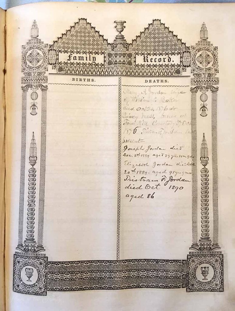 Image of the deaths page of the Jordan Bible.