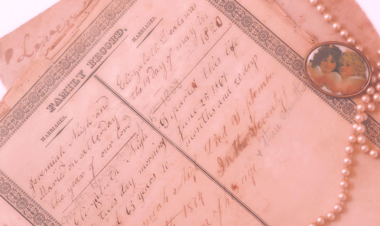 10 Resources for Finding an Ancestor's Death Date 4 A page from the Nigh family Bible with a pearl necklace and brooch pin.