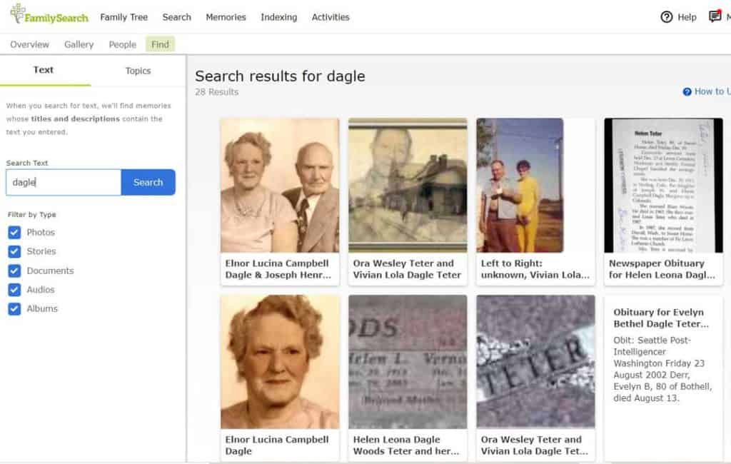 9 Unexpected Places to Find Ancestor Photos 2 A FamilySearch Memories search results page showing ancestor photos and ephemera.