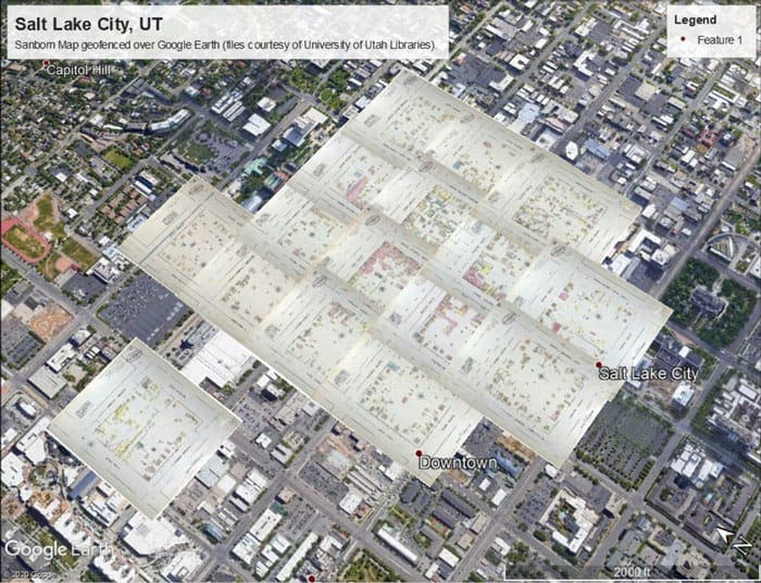 Sanborn Fire Insurance Maps: A Guide for Genealogists 4 Sanborn Map of Salt Lake City, Utah, geofenced over Google Earth map