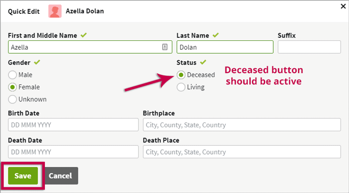 1 Thing You Should Fix Now On Your Ancestry Family Tree 7 Do a Quick Edit and select the Deceased radio button.