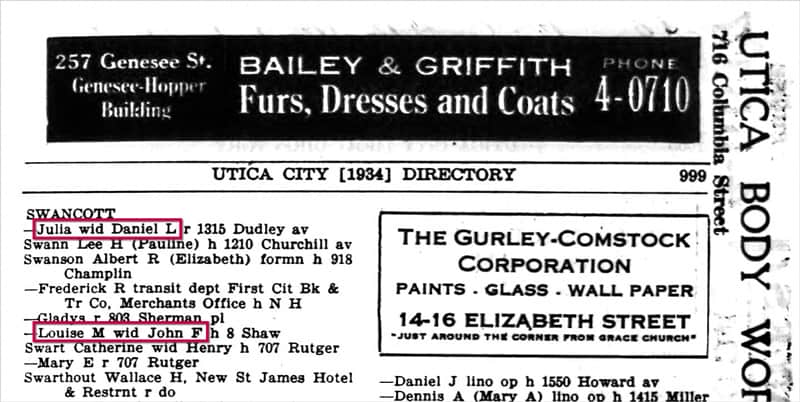10 Resources for Finding an Ancestor's Death Date 11 1934 Utica City, New York, directory showing listings for two widows.