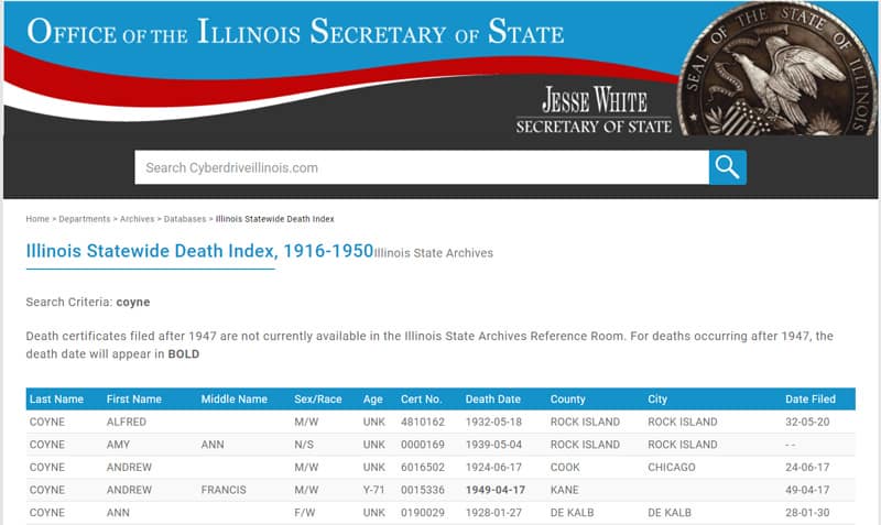 10 Resources for Finding an Ancestor's Death Date 6 Screenshot from the Illinois Statewide Death Index