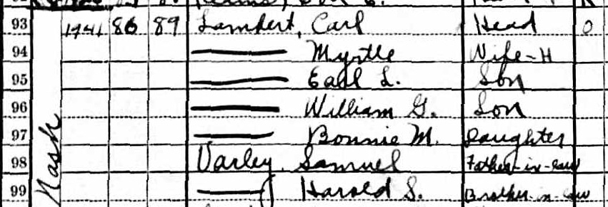 Tracing a Female Ancestor's Maiden Name: 8 Resources to Break Through Brick Walls 7 A snippet of the 1930 census showing the family of Carl Lambert and two in-laws.