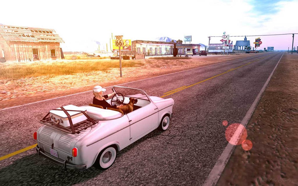 Image of a virtual car heading down the road on a virtual research trip to find Isaac Kizer.