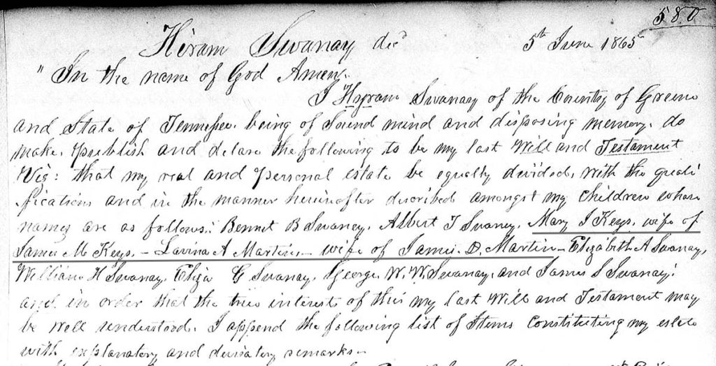 Tracing a Female Ancestor's Maiden Name: 8 Resources to Break Through Brick Walls 6 Excerpt from the will of Hiram Swanay from FamilySearch.