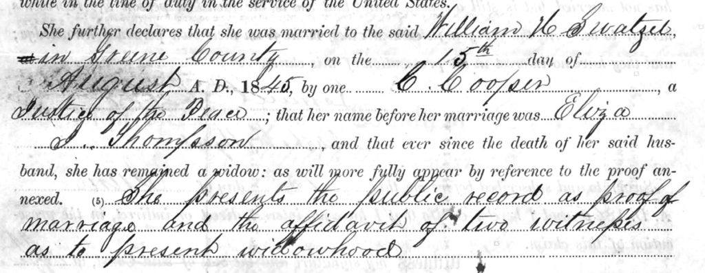 Tracing a Female Ancestor's Maiden Name: 8 Resources to Break Through Brick Walls 5 A snippet of Eliza Jane Swatsell's Widow's Claim for Pension.