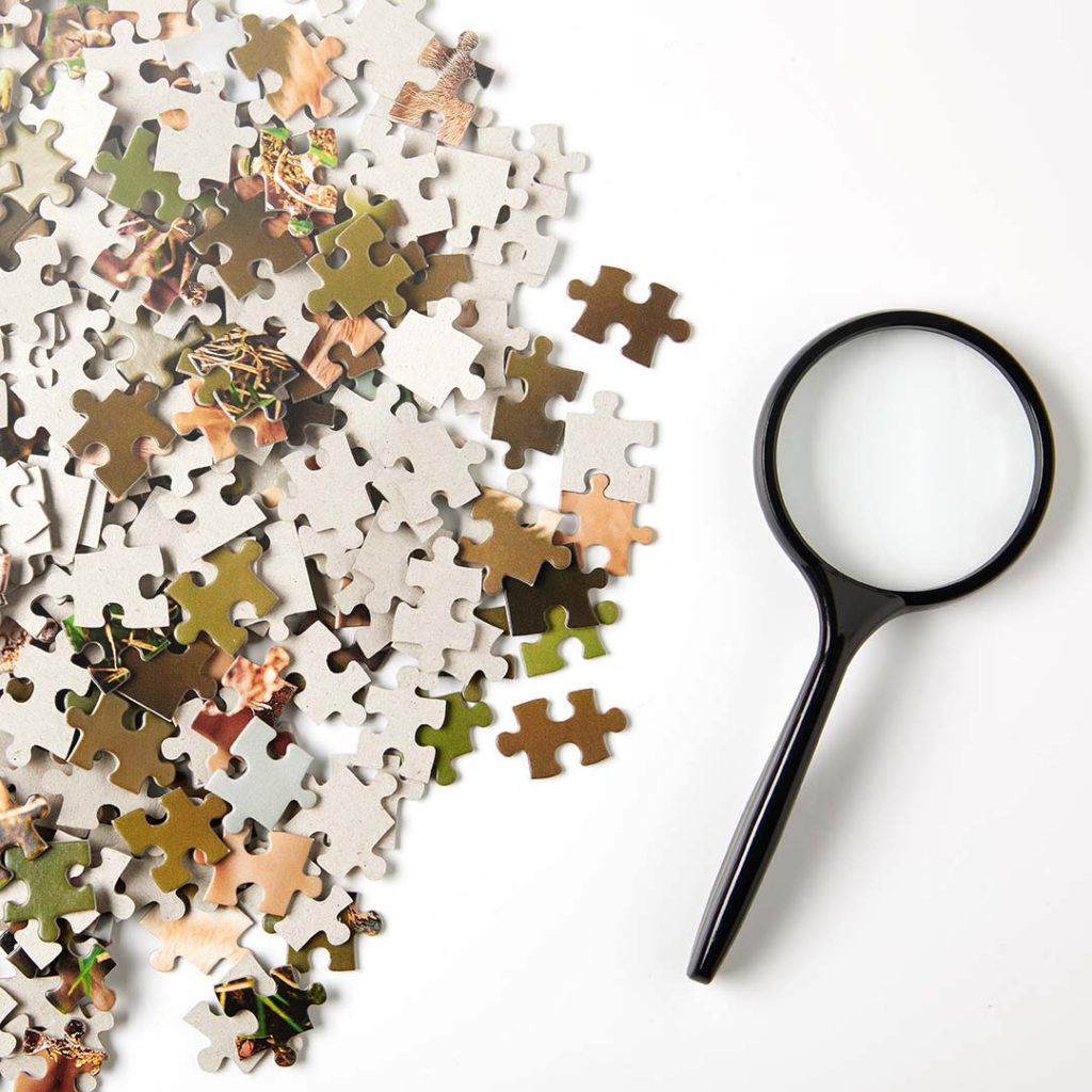 Research Tips 27 Image of scattered puzzle pieces next to a magnifying glass.