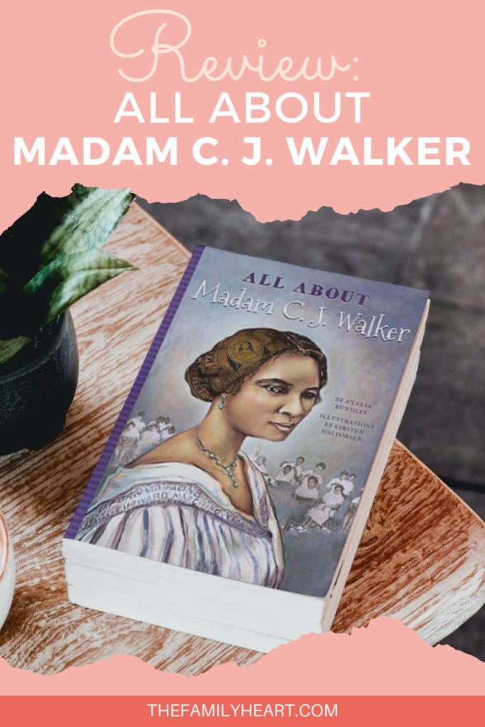 Review: "All About Madam C. J. Walker" 2 Pinterest pin for this post: Review of "All About Madam C. J. Walker." Image of the paperback book on a table.