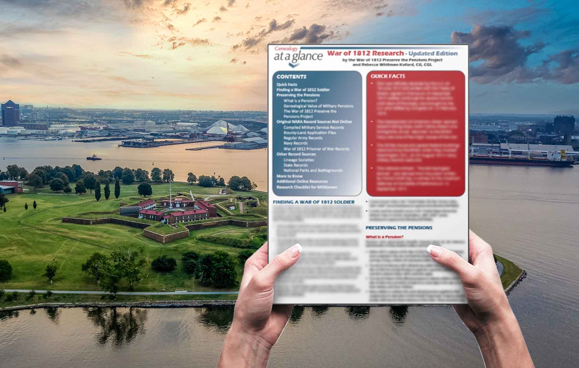Image of a Genealogy at a Glance: War of 1812 Research guide in front of Fort McHenry at sunset.