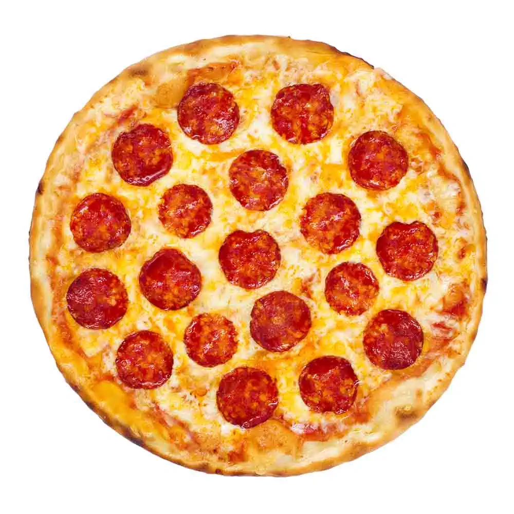 About 20 Pepperoni pizza on a white background.