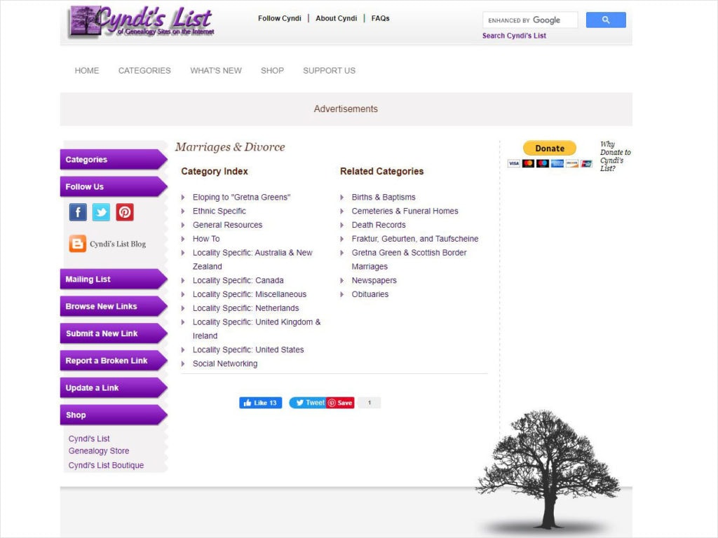 Marriage Records: What They Are and 7 Resources to Help You Find Them 10 Screenshot of Cyndi's List Marriages & Divorce webpage.