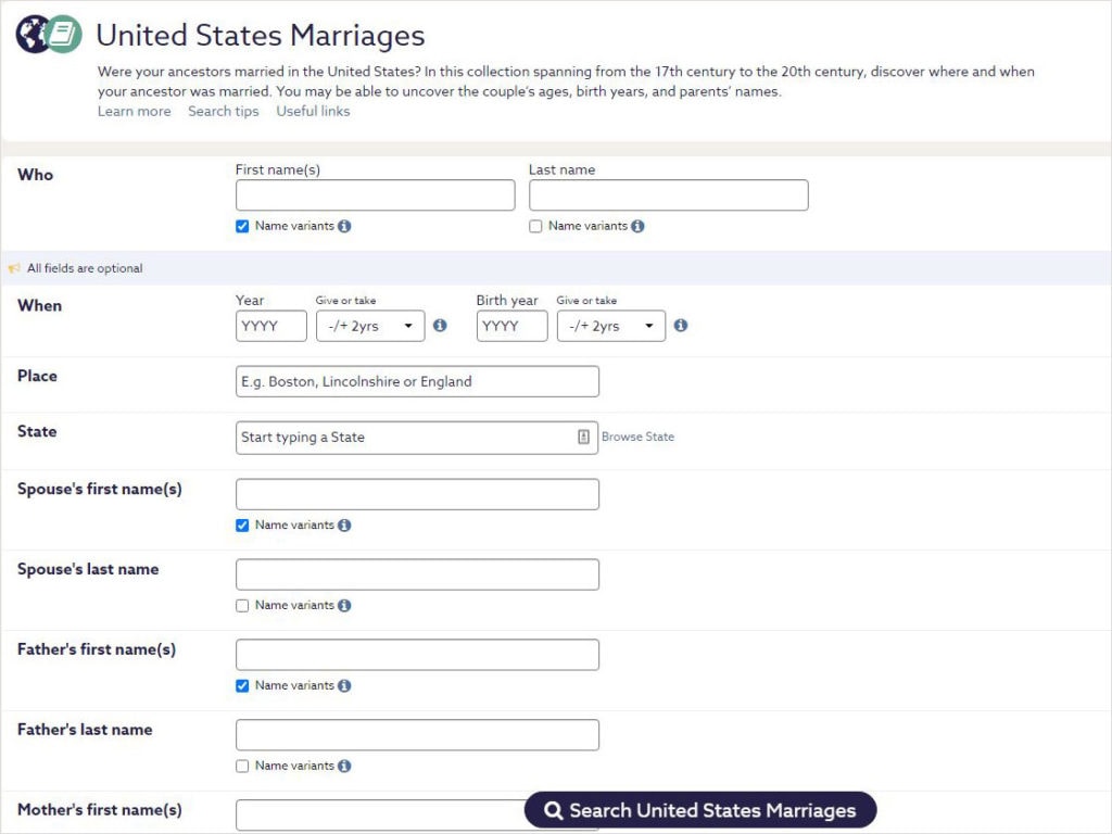 Marriage Records: What They Are and 7 Resources to Help You Find Them 8 Screenshot of the Findmypast United States Marriages webpage.