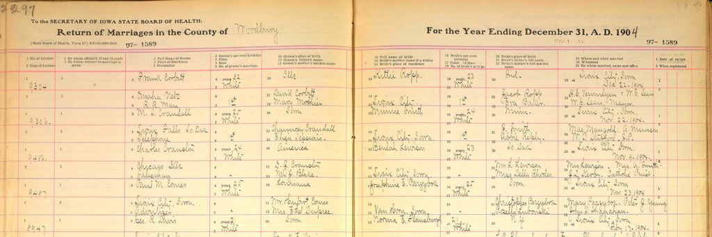 Marriage Records: What They Are and 7 Resources to Help You Find Them 5 Marriage returns ledger from Woodbury, Iowa, 1904, on yellowed paper with pink lines.