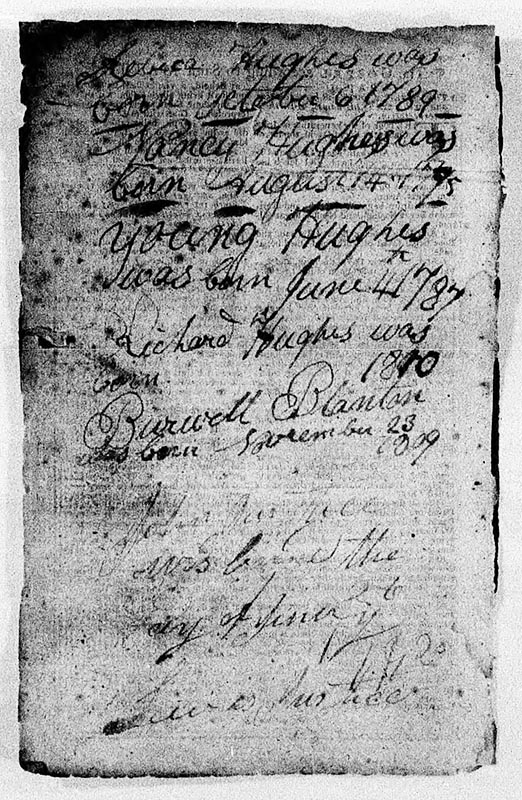 10 Best Strategies for Researching "Brick Wall" Ancestors 5 A page from the William Hughes family Bible, black and white, from microfilm.