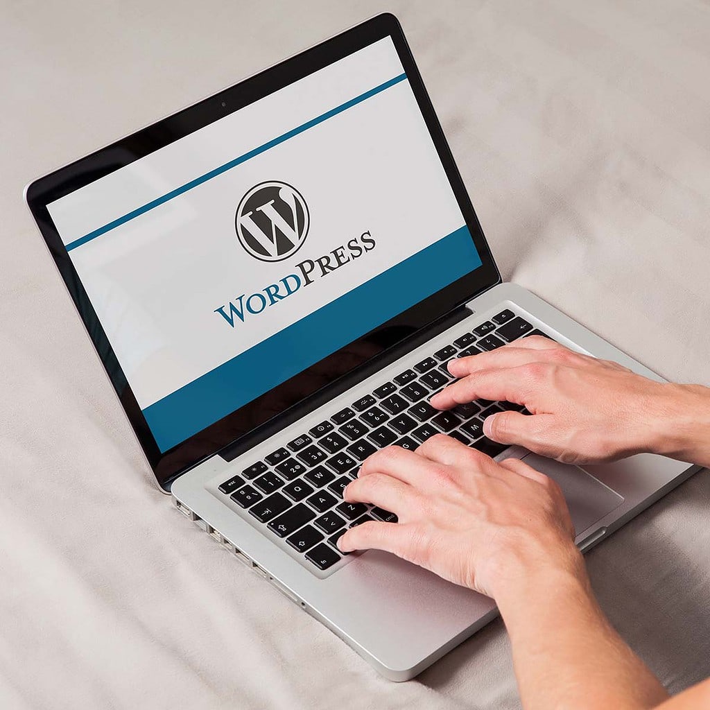 Lectures 19 Male hands on a laptop computer displaying the WordPress logo.