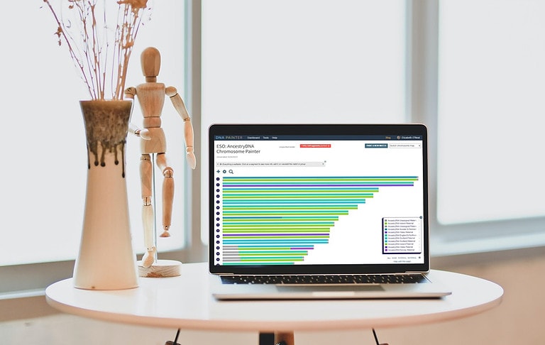 Laptop computer displaying a genetic genealogy website sitting on a round, white table next to a white vase and a wooden doll.