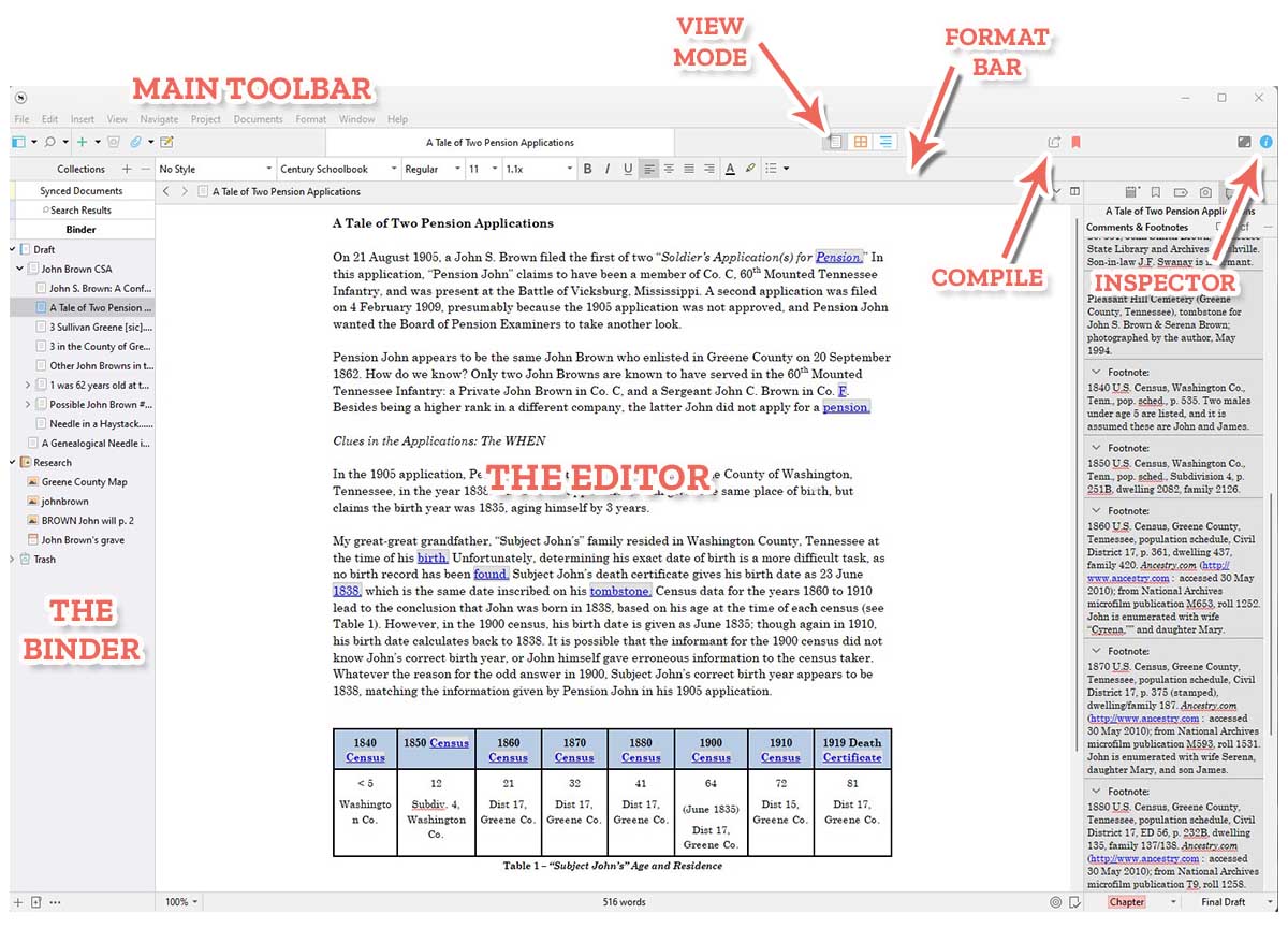 Using Scrivener For Family History Writing Projects 2 Scrivener window with various components labeled.