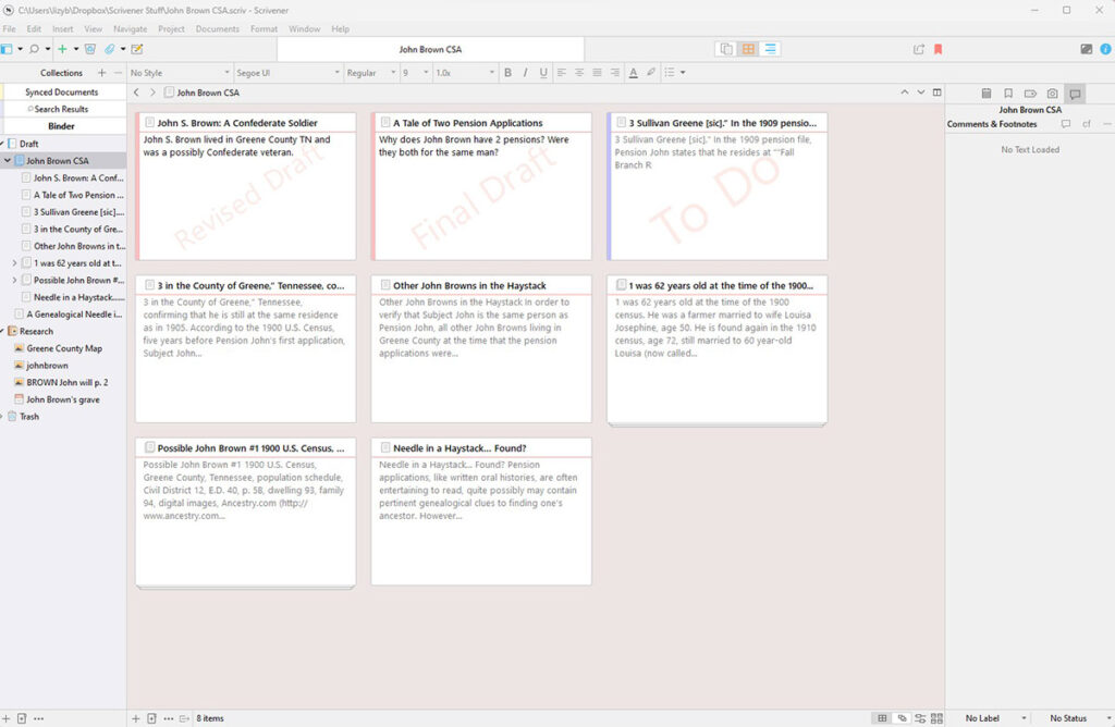 Using Scrivener For Family History Writing Projects 4 scrivener 3 corkboard