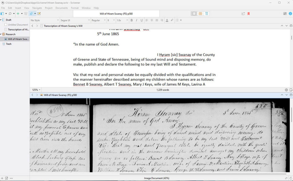 Using Scrivener For Family History Writing Projects 5 scrivener 3 transcription example