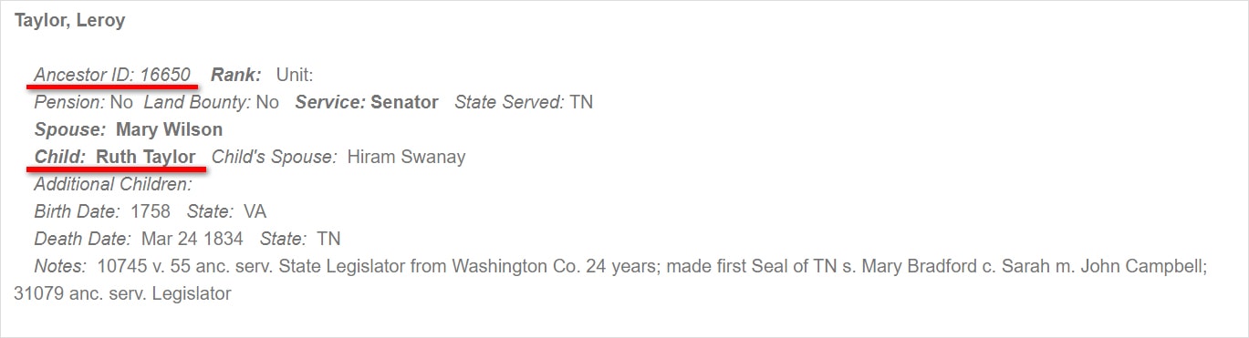 War of 1812 Ancestors? Check This FREE Database 2 Ancestor card showing the ancestor number and child's name.