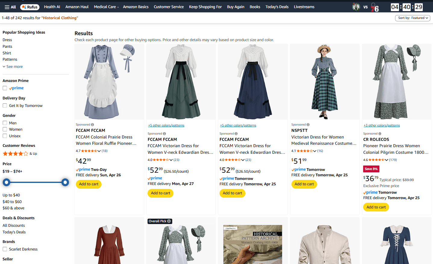 Where to Buy Authentic Historical Clothing: A Guide for Reenactors, Lineage Society Members, and Costume Enthusiasts 9 Screenshot of Amazon search page for historical clothing