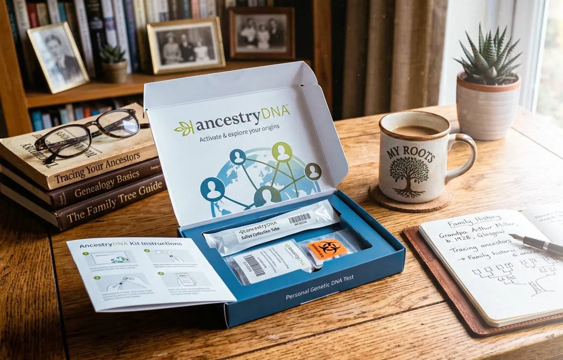 Before You Take a DNA Test for Genealogy: A Beginner's Guide 2 dna kit in a box on a desk with coffee