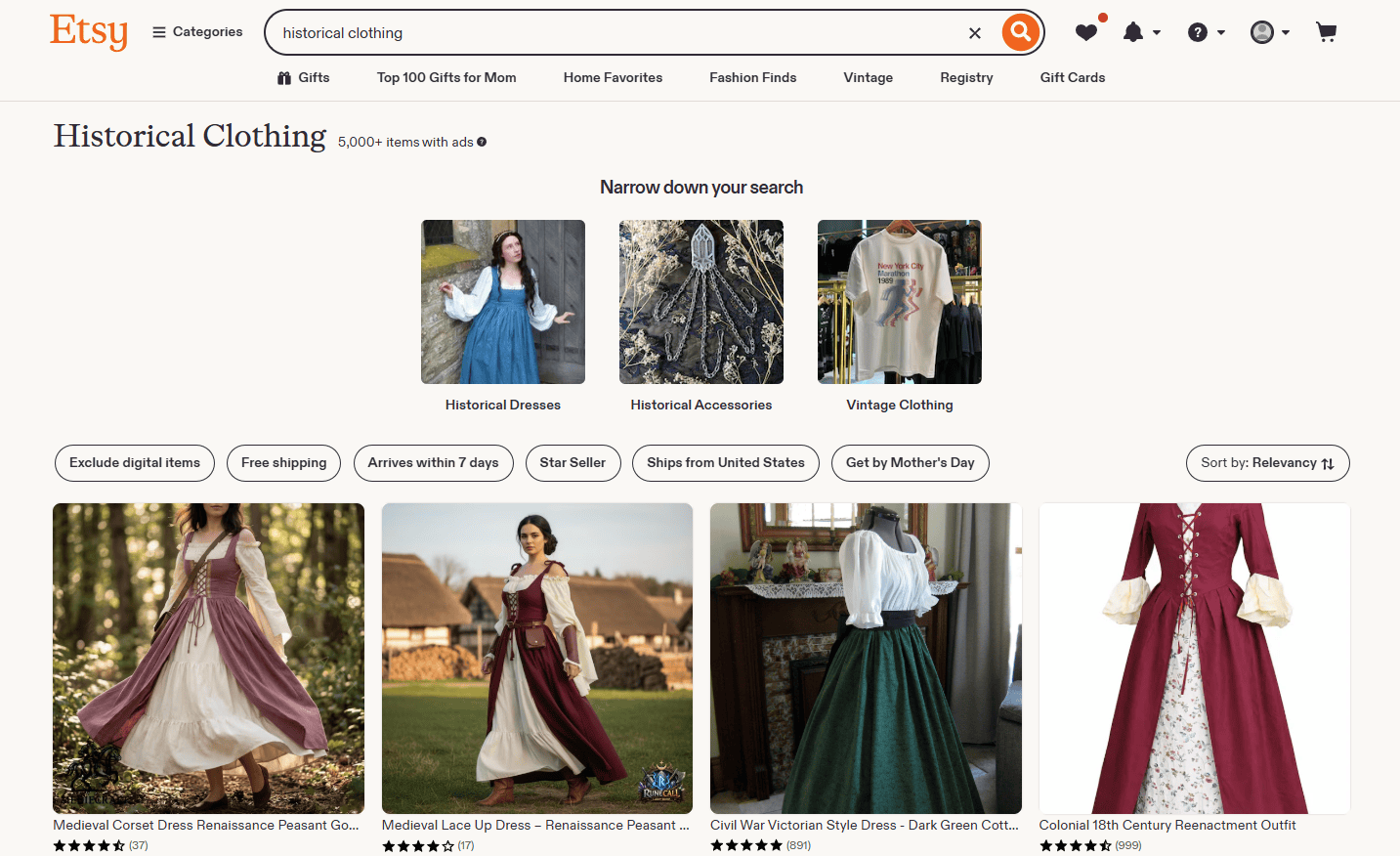 Where to Buy Authentic Historical Clothing: A Guide for Reenactors, Lineage Society Members, and Costume Enthusiasts 10 Etsy webpage showing historical clothing retailers