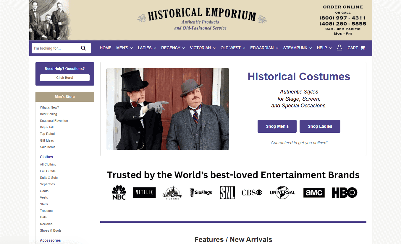 Where to Buy Authentic Historical Clothing: A Guide for Reenactors, Lineage Society Members, and Costume Enthusiasts 5 Screenshot of Historical Emporium webpage
