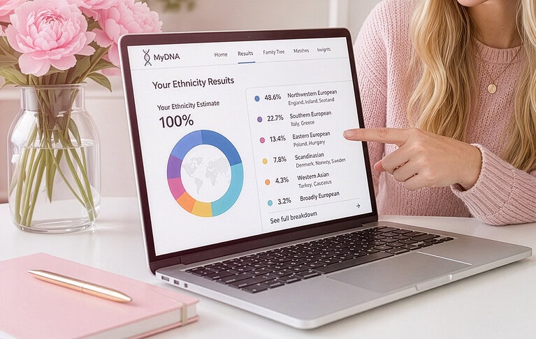 Woman's hand pointing at a laptop computer displaying dna ethnicity estimates
