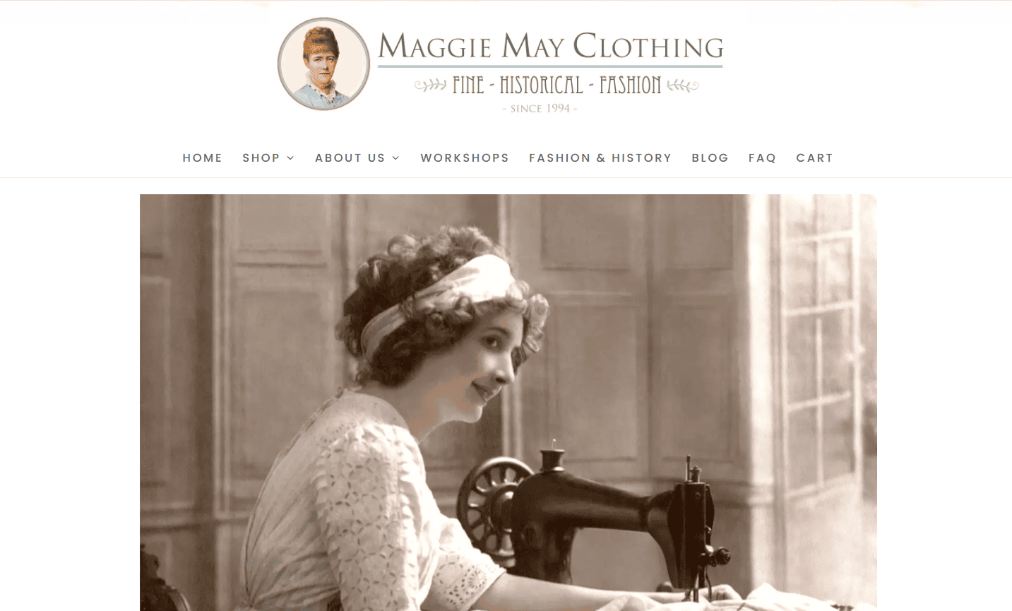 Where to Buy Authentic Historical Clothing: A Guide for Reenactors, Lineage Society Members, and Costume Enthusiasts 6 Screenshot of Maggie May Clothing homepage