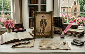 White desk with maps and papers and a framed picture of a soldier