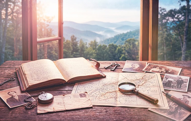 Genealogy research materials including vintage photos, a handwritten journal, and a map of Appalachia on a rustic wooden desk