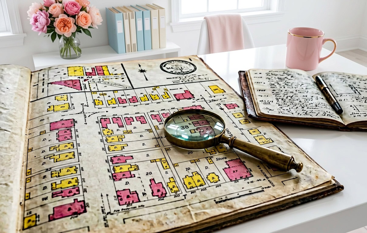 Sanborn map book with a magnifying glass on a white desk