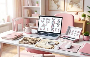 Laptop computer and genealogy items on a desk