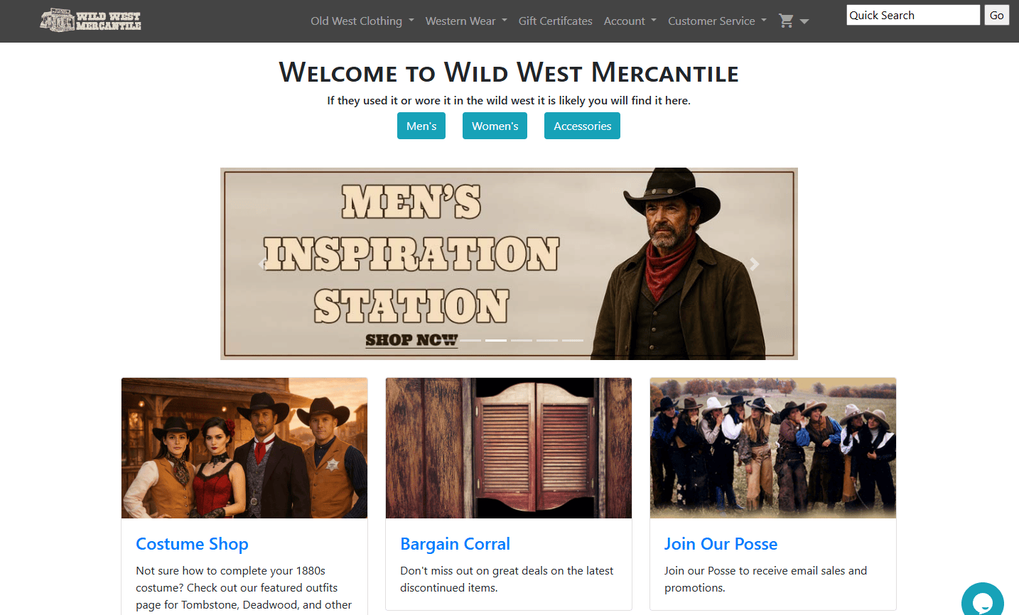 Where to Buy Authentic Historical Clothing: A Guide for Reenactors, Lineage Society Members, and Costume Enthusiasts 4 Screenshot of Wild West Mercantile homepage