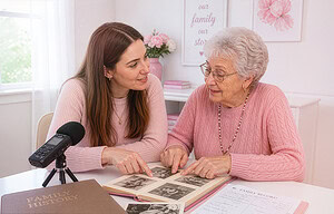 A younger woman doing an oral history interview with an older woman while looking at a photo album.