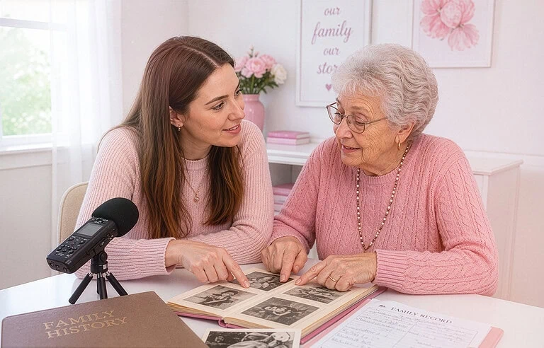 A younger woman doing an oral history interview with an older woman while looking at a photo album.